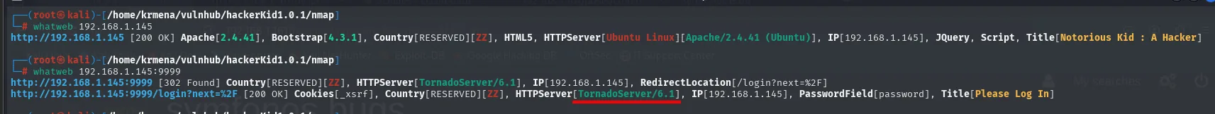 whatweb contra el 80 y el 9999: Apache 2.4.41 con Bootstrap y jQuery en el primero, TornadoServer/6.1 con cookie _xsrf y PasswordField en el segundo