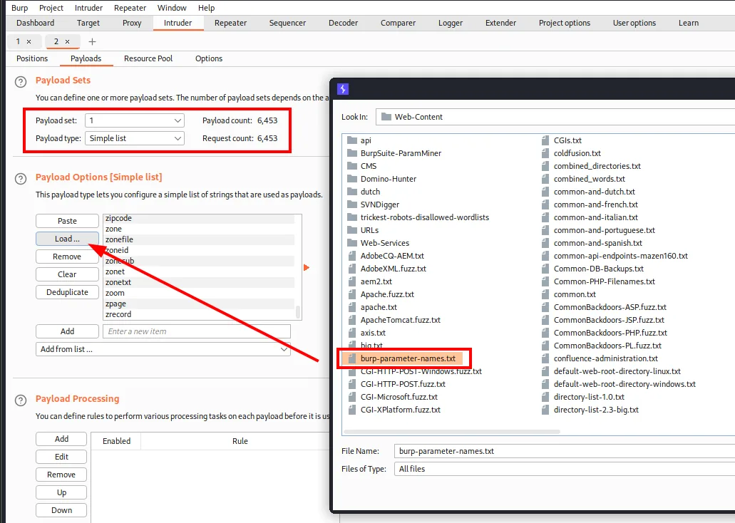 Carga del diccionario burp-parameter-names.txt de SecLists en el Payload set 1: Payload count 6,453 y Request count 6,453