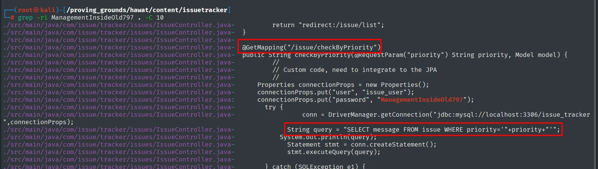 Codigo fuente del Issue Tracker: endpoint /issue/checkByPriority con la consulta concatenada y la conexion MySQL con la contrasena ManagementInsideOld797