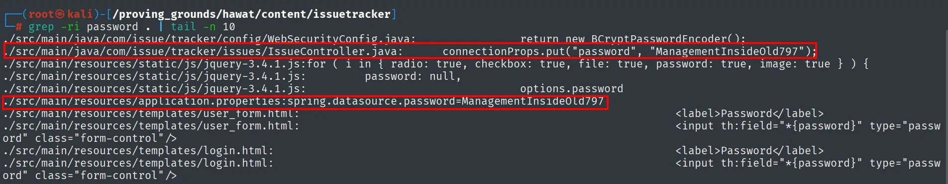 grep -ri password revela ManagementInsideOld797 en IssueController.java y application.properties