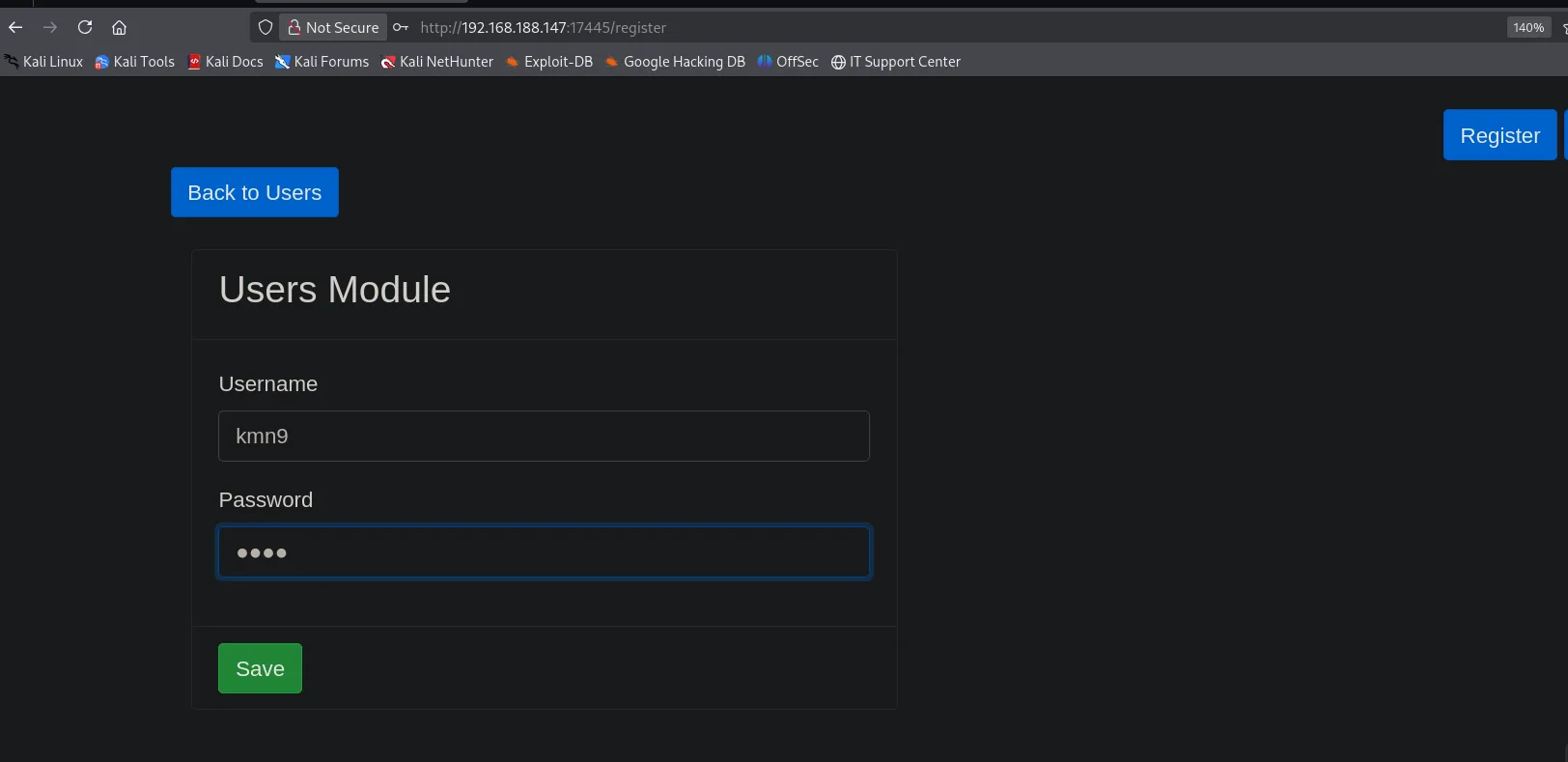 Modulo de registro del Issue Tracker creando el usuario kmn9