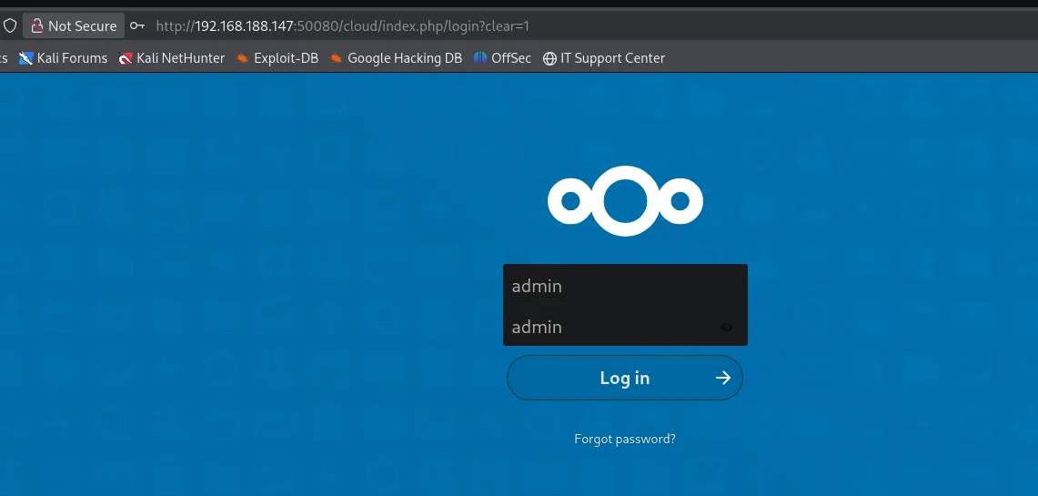 Login de NextCloud en /cloud accesible con admin:admin
