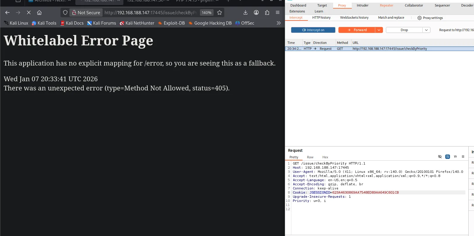 /issue/checkByPriority con GET da 405 Method Not Allowed; Burp intercepta la petición