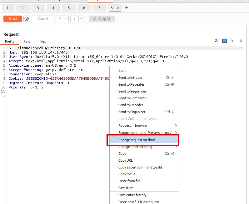 Burp Repeater: Change request method para pasar el GET a POST