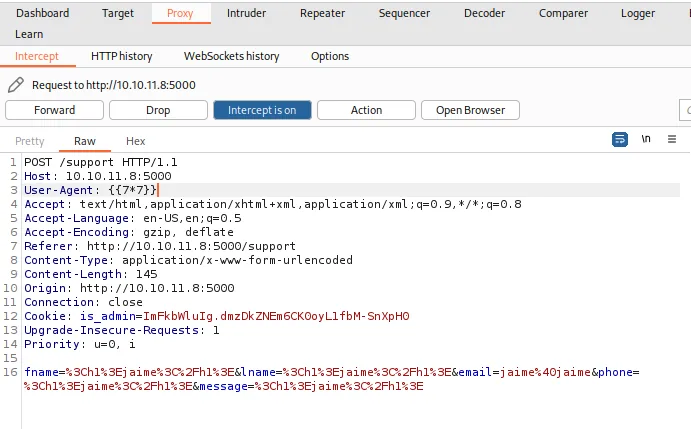 Burp Intercept con el User-Agent puesto a la doble llave 7 por 7