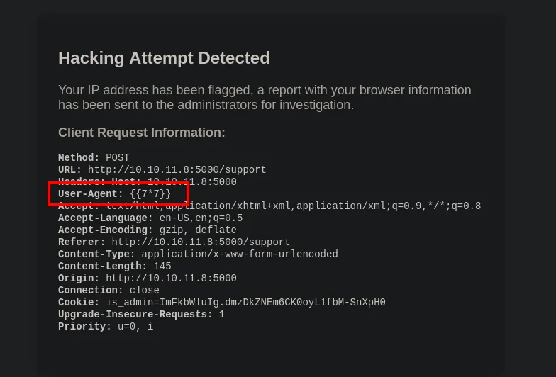 la página Hacking Attempt Detected devuelve el User-Agent literal, sin evaluar