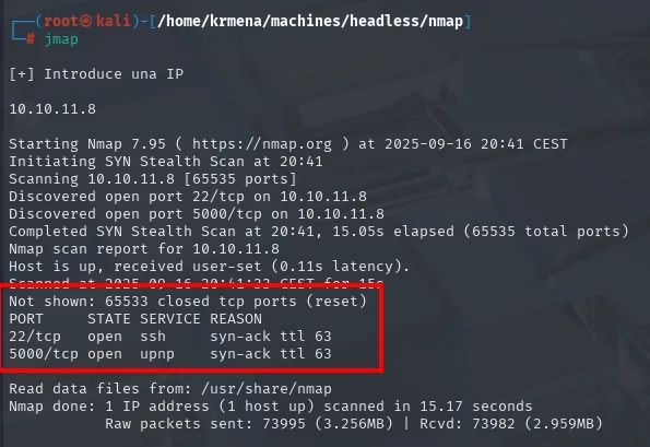 nmap -p- detecta 22 ssh y 5000 upnp