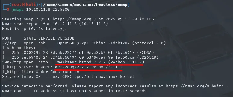 nmap -sCV sobre 22 y 5000 identifica OpenSSH 9.2p1 y Werkzeug 2.2.2