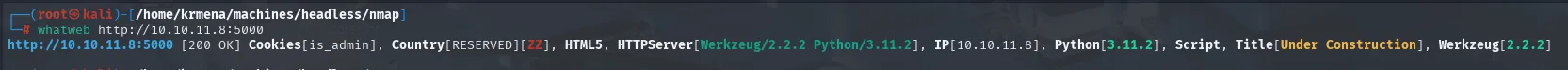 whatweb reporta la cookie is_admin, Werkzeug 2.2.2 y el título Under Construction