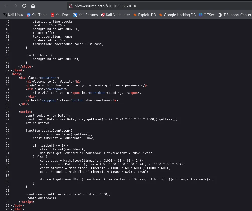 el view-source de la portada: el temporizador en JavaScript y el enlace For questions apuntando a /support
