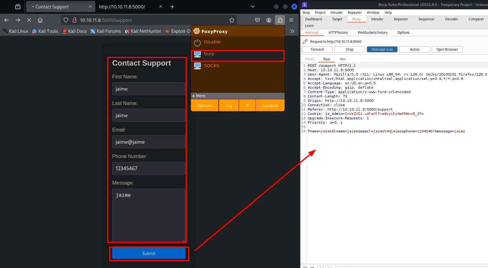 Burp intercepta el POST /support con los campos en x-www-form-urlencoded
