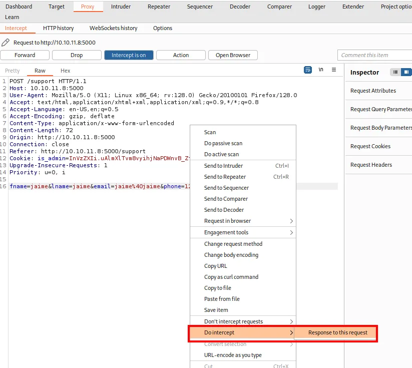 el menú contextual de Burp sobre la petición POST /support con Do intercept y Response to this request resaltados