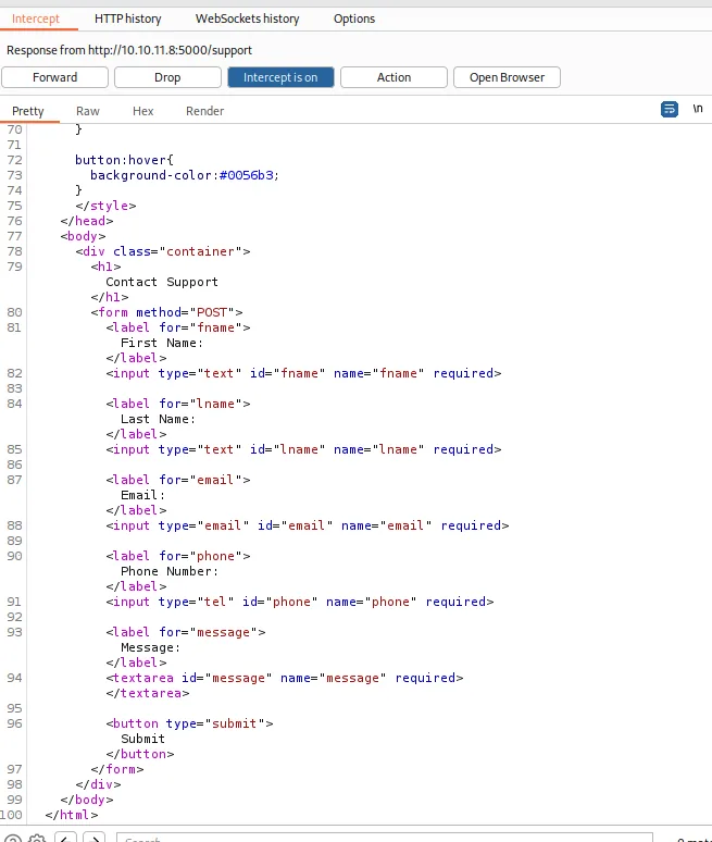 la respuesta interceptada muestra el formulario Contact Support con los cinco campos fname, lname, email, phone y message