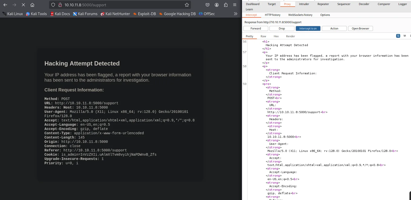 página Hacking attempt detected que renderiza los headers