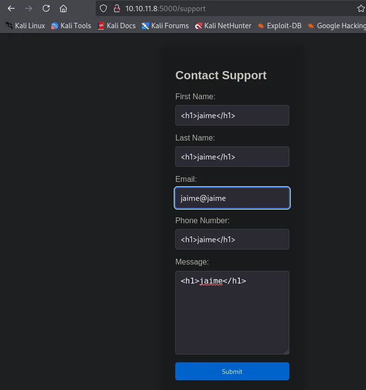 el formulario Contact Support relleno con la etiqueta h1 jaime en cuatro de los cinco campos