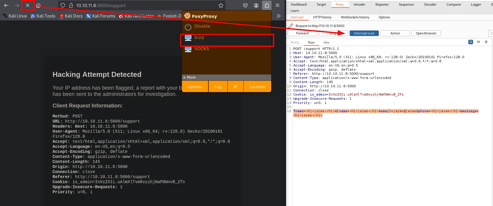FoxyProxy conmutando al perfil de burp mientras la página muestra Hacking Attempt Detected con toda la Client Request Information