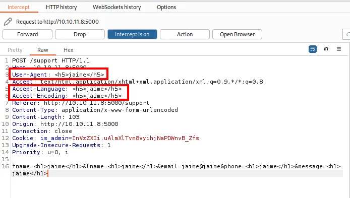 Burp Intercept con h5 jaime en User-Agent, Accept-Language y Accept-Encoding
