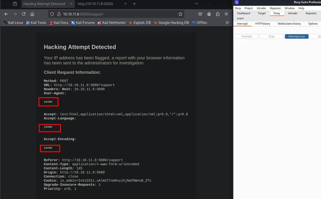 Hacking Attempt Detected renderiza HTML inyectado en User-Agent, Accept-Language y Accept-Encoding