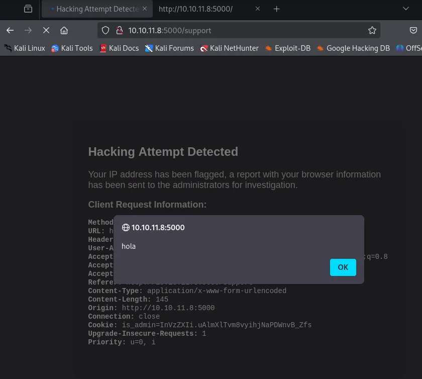 alert("hola") ejecutado en el navegador del admin