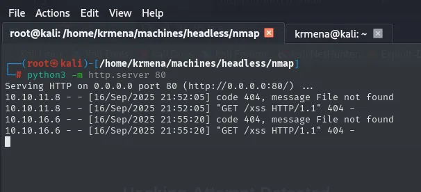 python3 -m http.server recibe el GET /xss desde 10.10.11.8 y desde 10.10.16.6