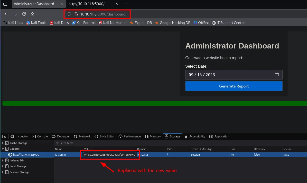 /dashboard con el formulario de Generate System Health Report