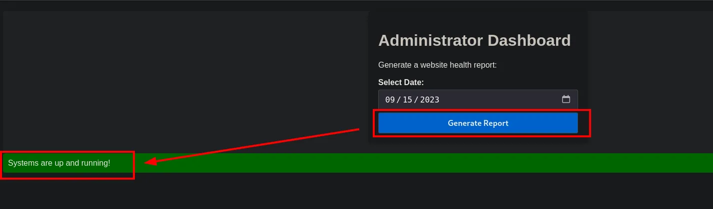 el dashboard responde "Systems are up and running!" con una fecha normal