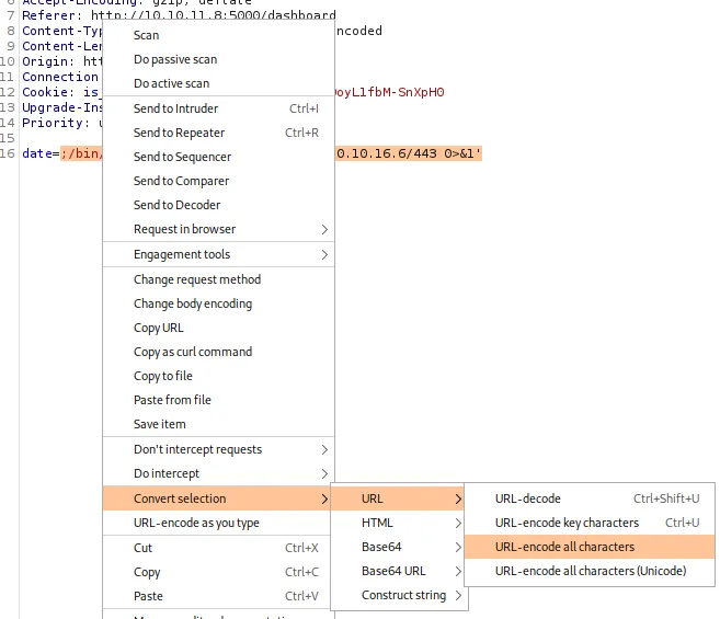 el menú Convert selection de Burp con URL y URL-encode all characters resaltados