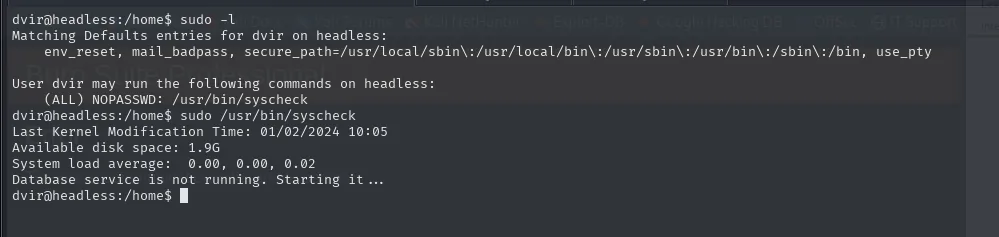 sudo -l muestra NOPASSWD /usr/bin/syscheck para dvir
