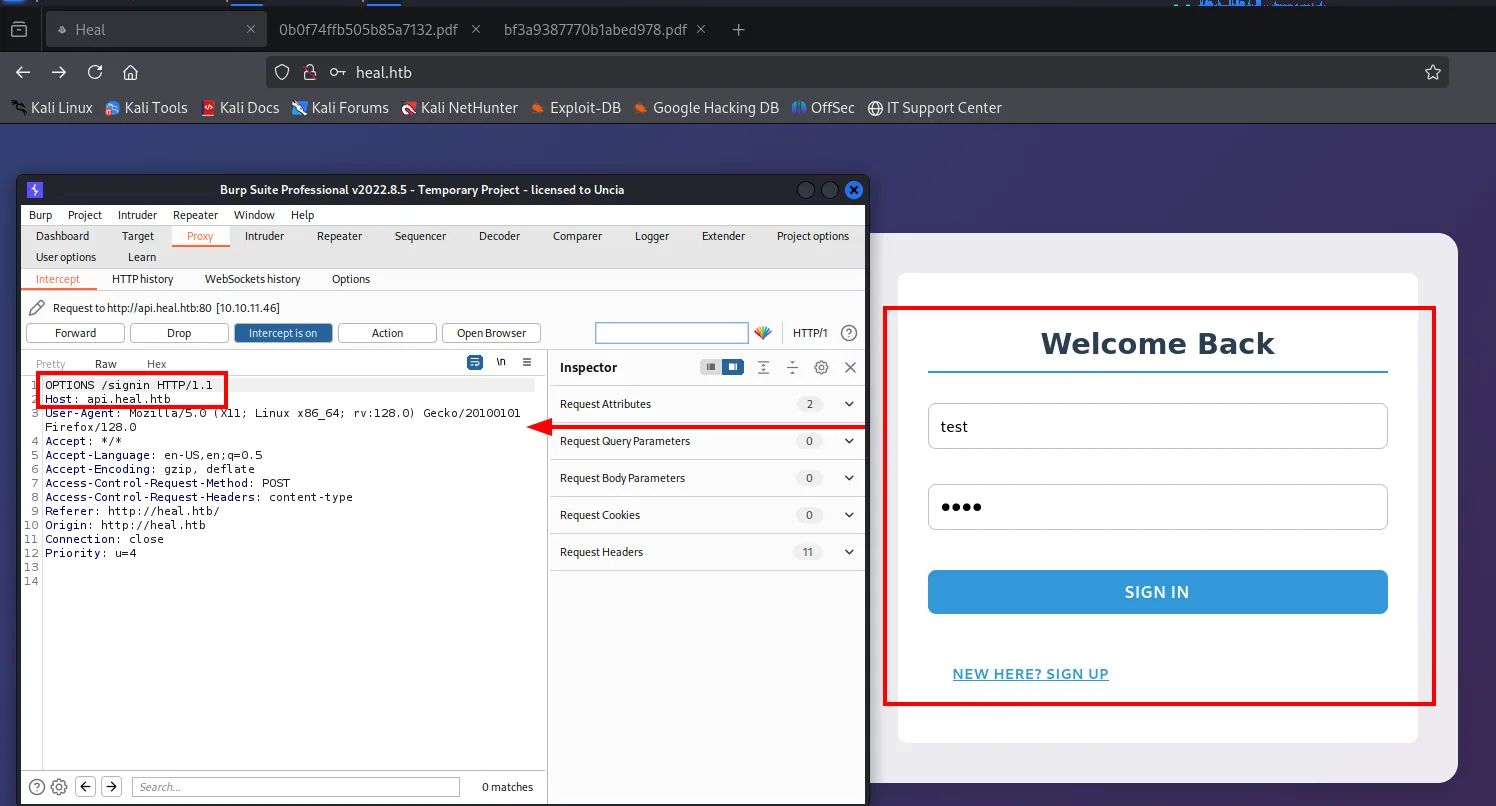 Burp interceptando una petición OPTIONS a api.heal.htb, la comprobación previa de CORS que lanza el navegador antes del POST
