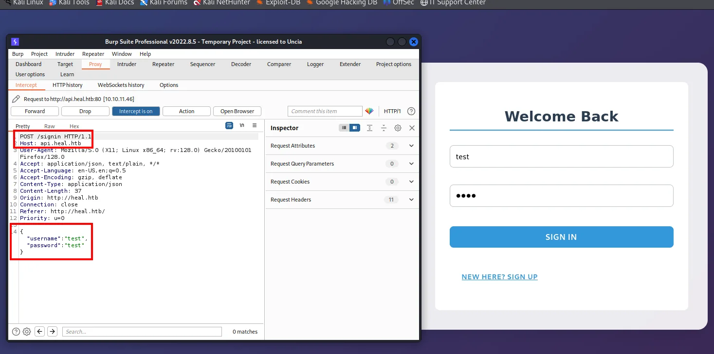 Burp mostrando POST /signin hacia api.heal.htb con el cuerpo JSON {"username":"test","password":"test"}