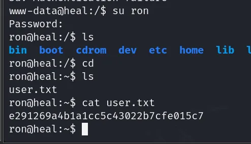 su ron con la contraseña de PostgreSQL funciona; leemos user.txt
