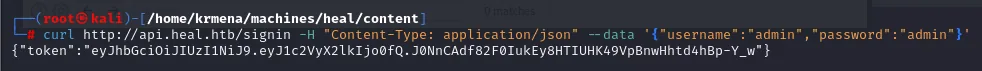 curl contra /signin con admin/admin devuelve un JSON con un token JWT