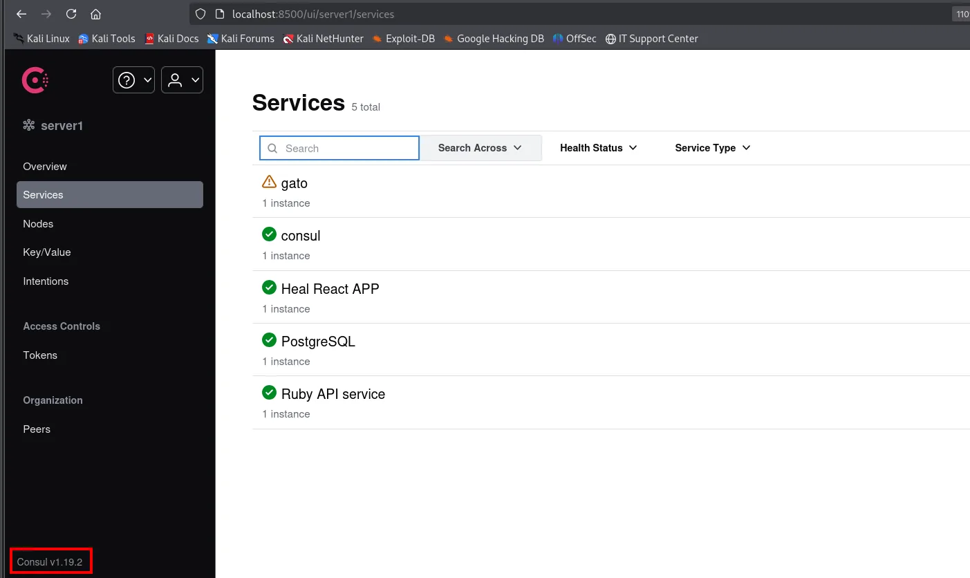 el puerto 8500 reenviado muestra el panel de Consul v1.19.2 con los servicios registrados