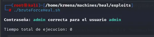 un script de fuerza bruta confirma la contraseña admin para el usuario admin contra la API