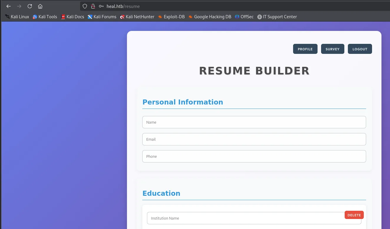 el Resume Builder de heal.htb tras autenticarse, con los botones PROFILE, SURVEY y LOGOUT y las secciones Personal Information y Education