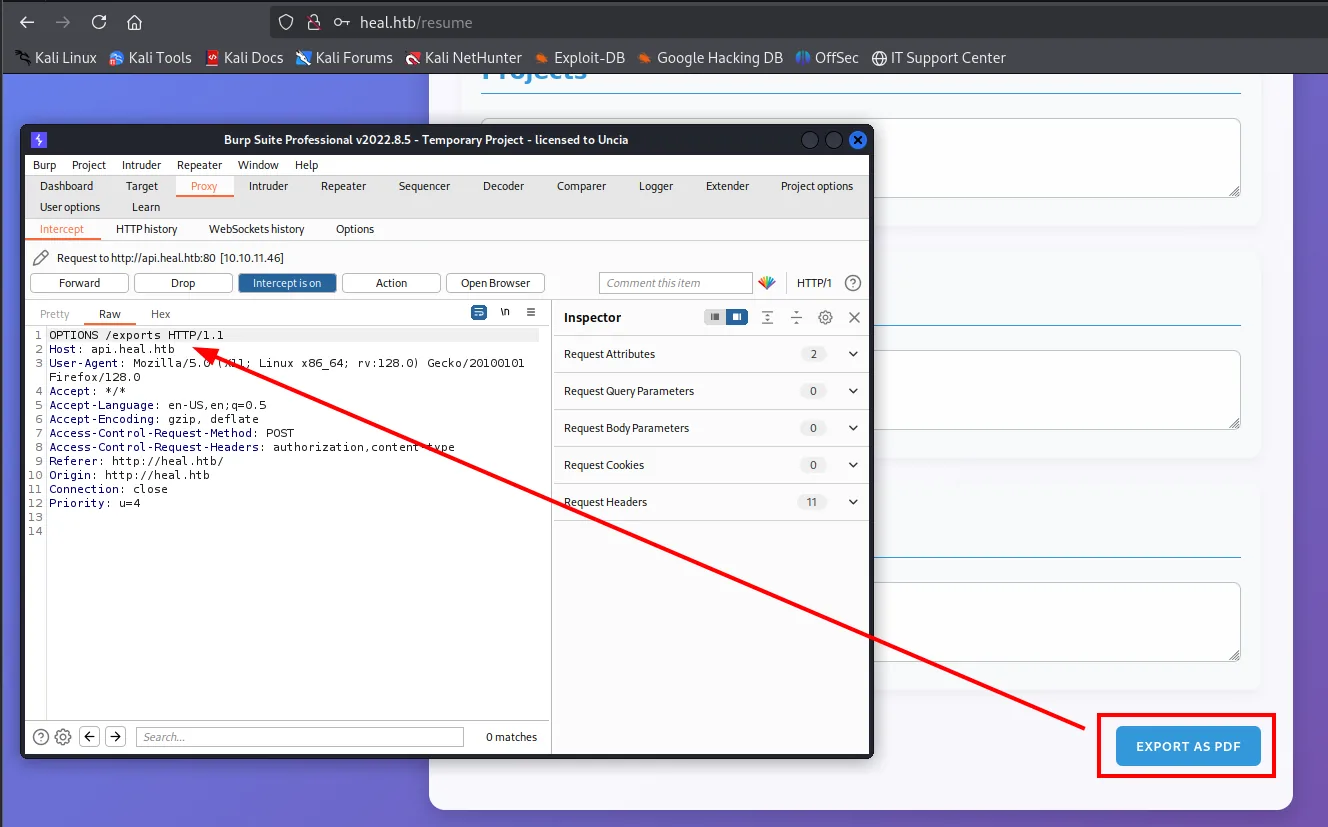 Burp interceptando el OPTIONS previo de la exportación hacia api.heal.htb
