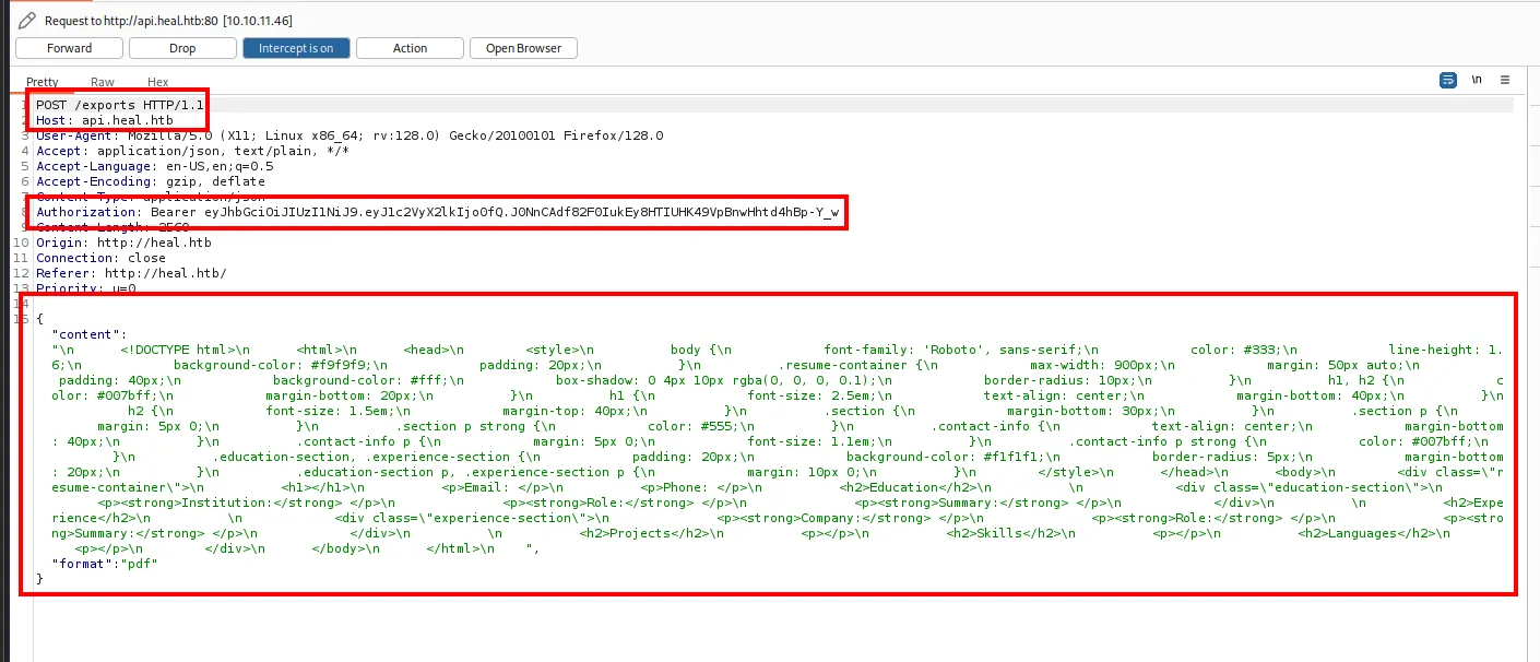 Burp: POST /exports hacia api.heal.htb con la cabecera Authorization Bearer y un cuerpo JSON que contiene el HTML completo del CV y "format":"pdf"